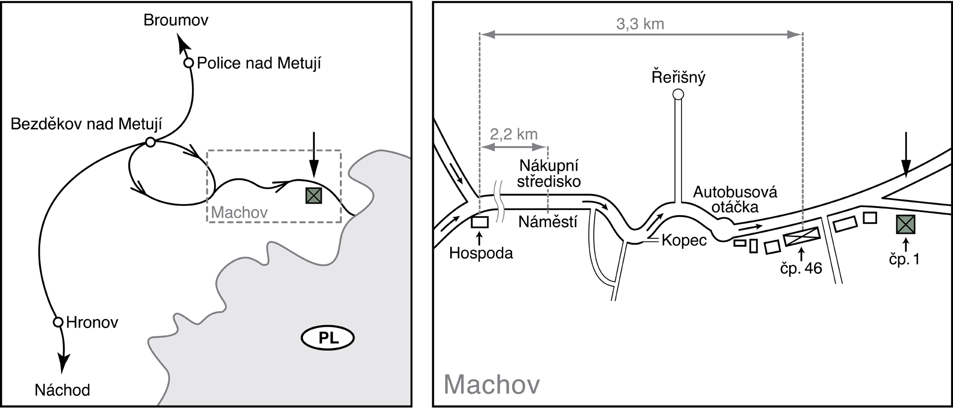Mapa a pokyny, jak se dostat do Apartmánů Machov